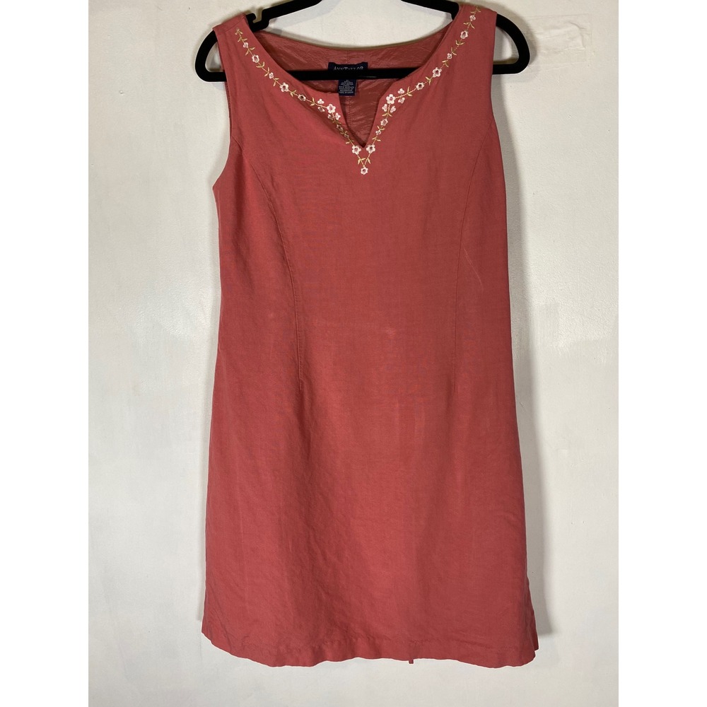 Ann Taylor Linen Blend Embroidered Mini Dress Coral Sleeveless Tie Back FLAWED
